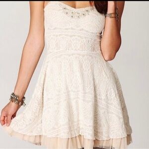 Free People Women's Cream and Tan Tulle Strapless Beaded Dress Small petite
